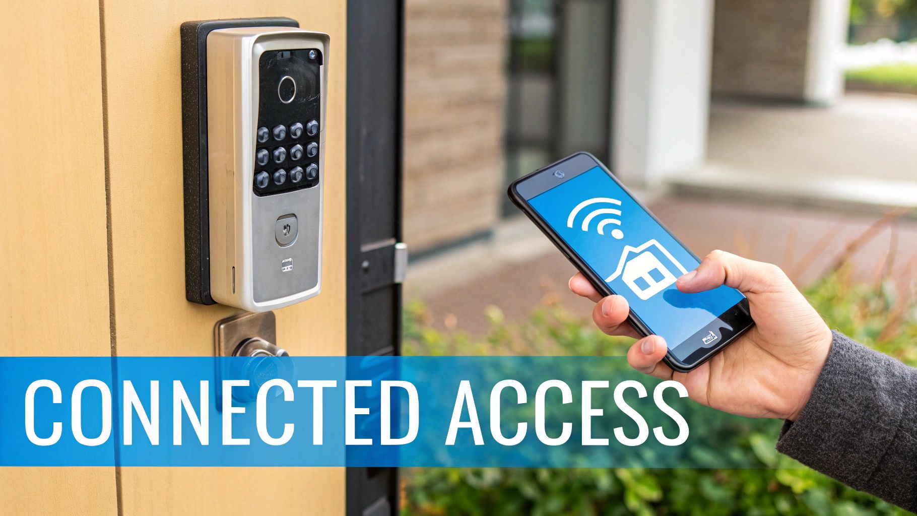 A close-up shot of a person using a smartphone app to open an electronic lock box.