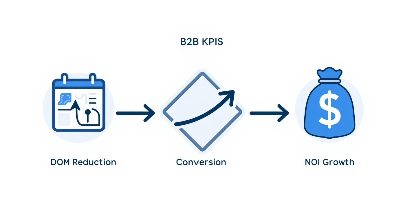 An infographic process flow showing the key B2B property management KPIs DOM Reduction, Conversion, and NOI Growth.