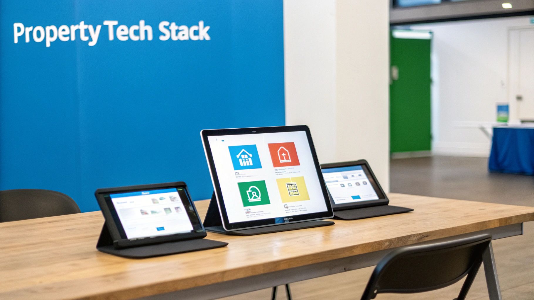 A property manager using a tablet to analyze data dashboards, symbolizing an integrated B2B property technology stack.