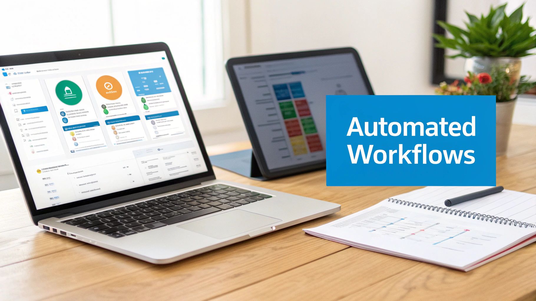 A property manager uses a tablet to review automated workflows, symbolizing streamlined B2B property management.