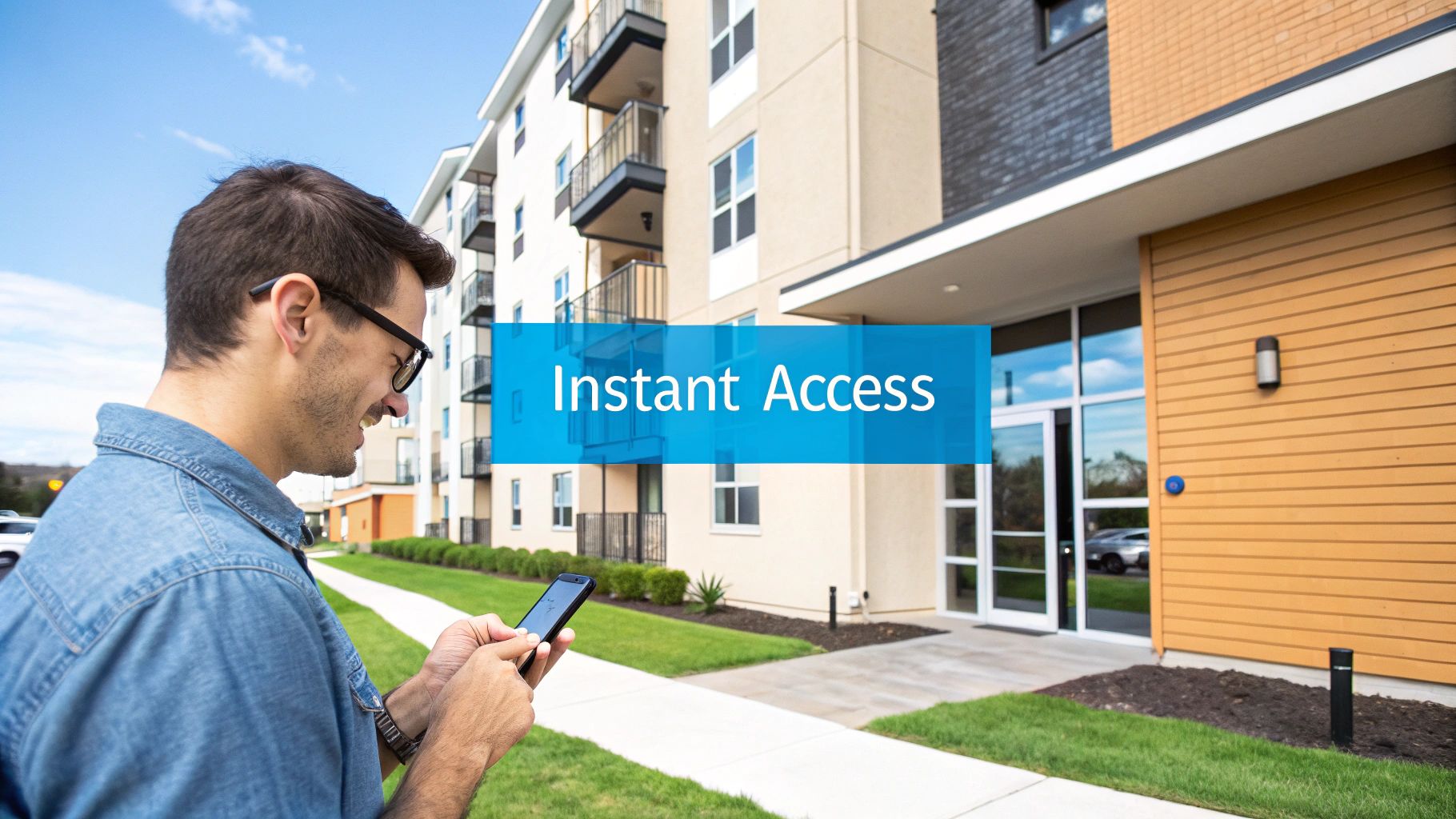 Man using smartphone for instant access to modern apartment building with digital entry system