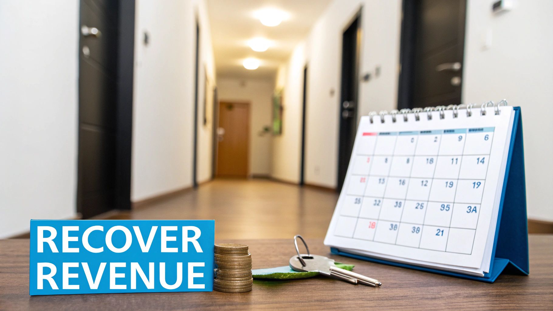 Rental property calendar with keys and coins on table representing revenue recovery for landlords