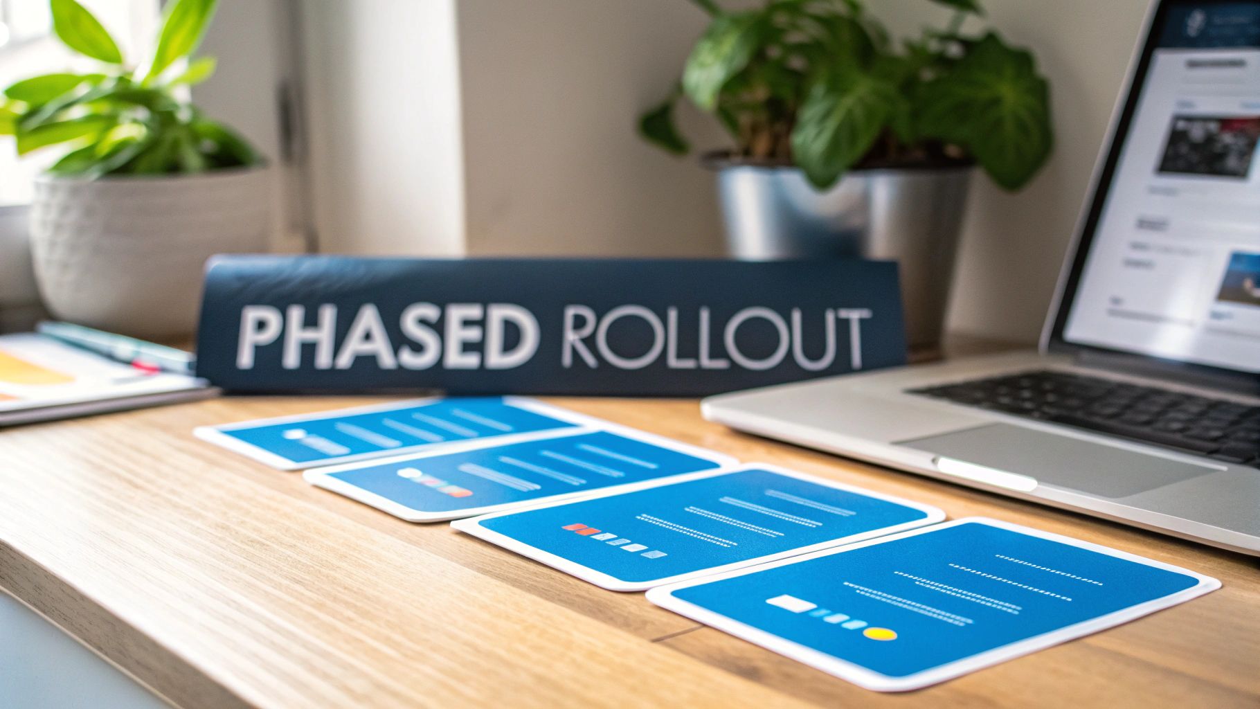 Phased rollout planning cards arranged on desk with laptop for project management strategy
