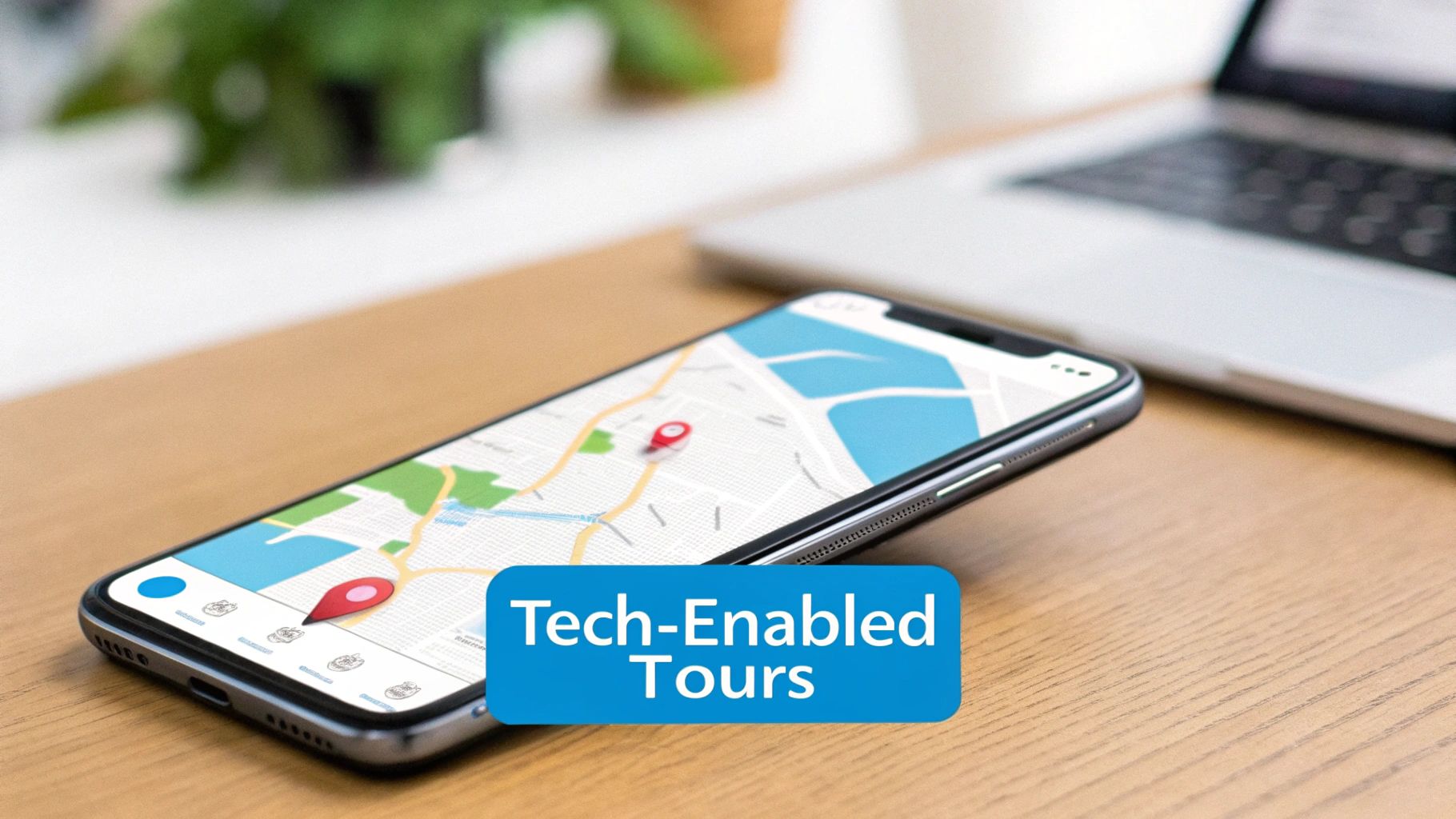 Smartphone displaying navigation map with location pins for tech-enabled property tours on wooden desk