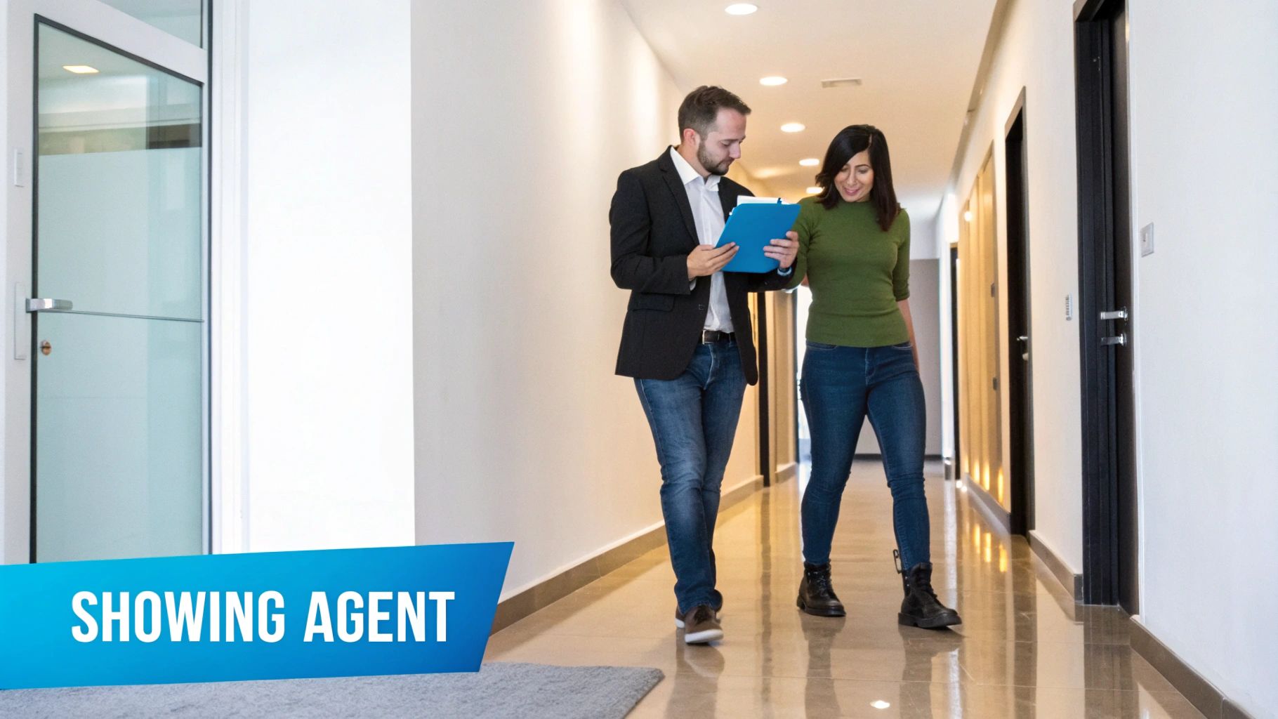Real estate showing agent discussing property details with client in modern apartment hallway