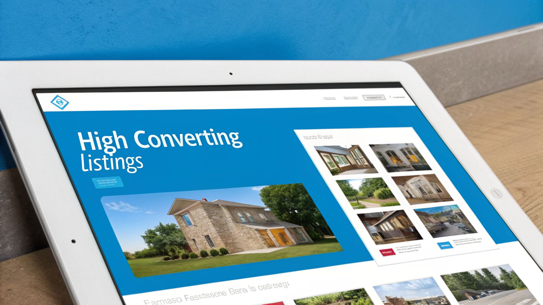 Real estate website displaying high converting property listings on tablet screen with professional photos