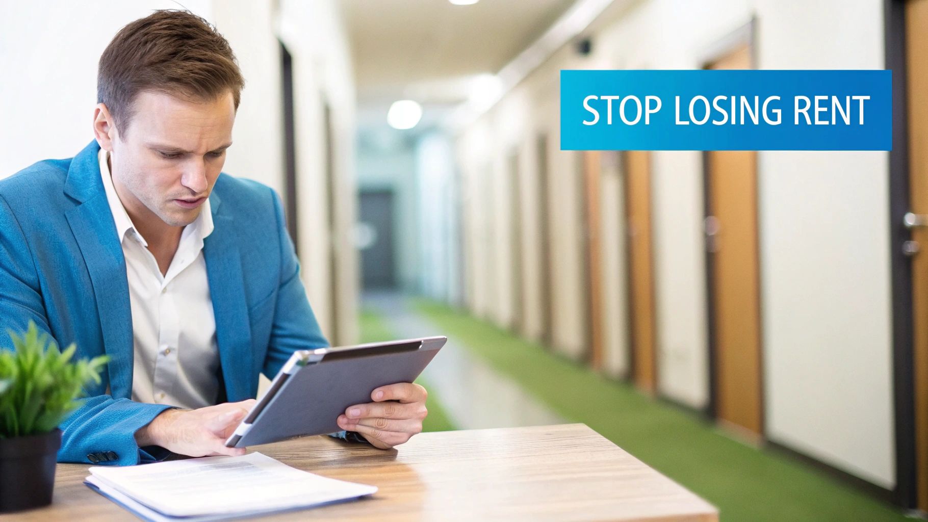 Man in blue blazer reviews documents on a tablet, with a 'Stop Losing Rent' banner in the background.
