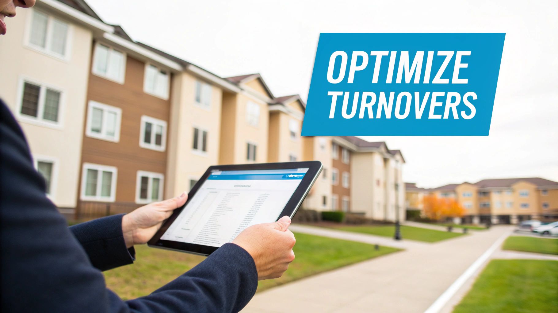 A person holds a tablet displaying data, with apartment buildings in the background and 'OPTIMIZE TURNOVERS' text.