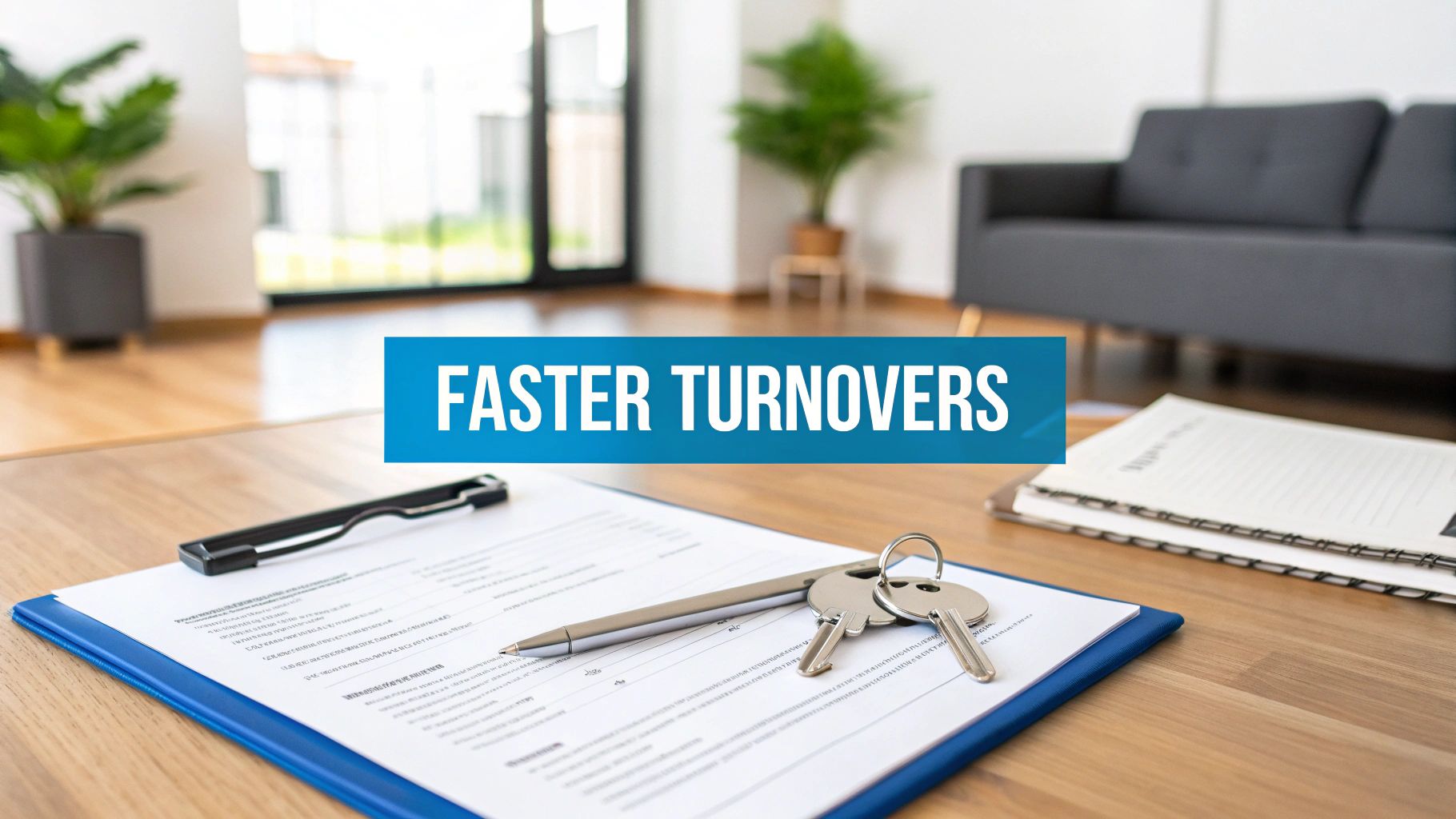 Keys, a pen, and a lease document on a wooden table, with 'FASTER TURNOVERS' over a modern apartment.