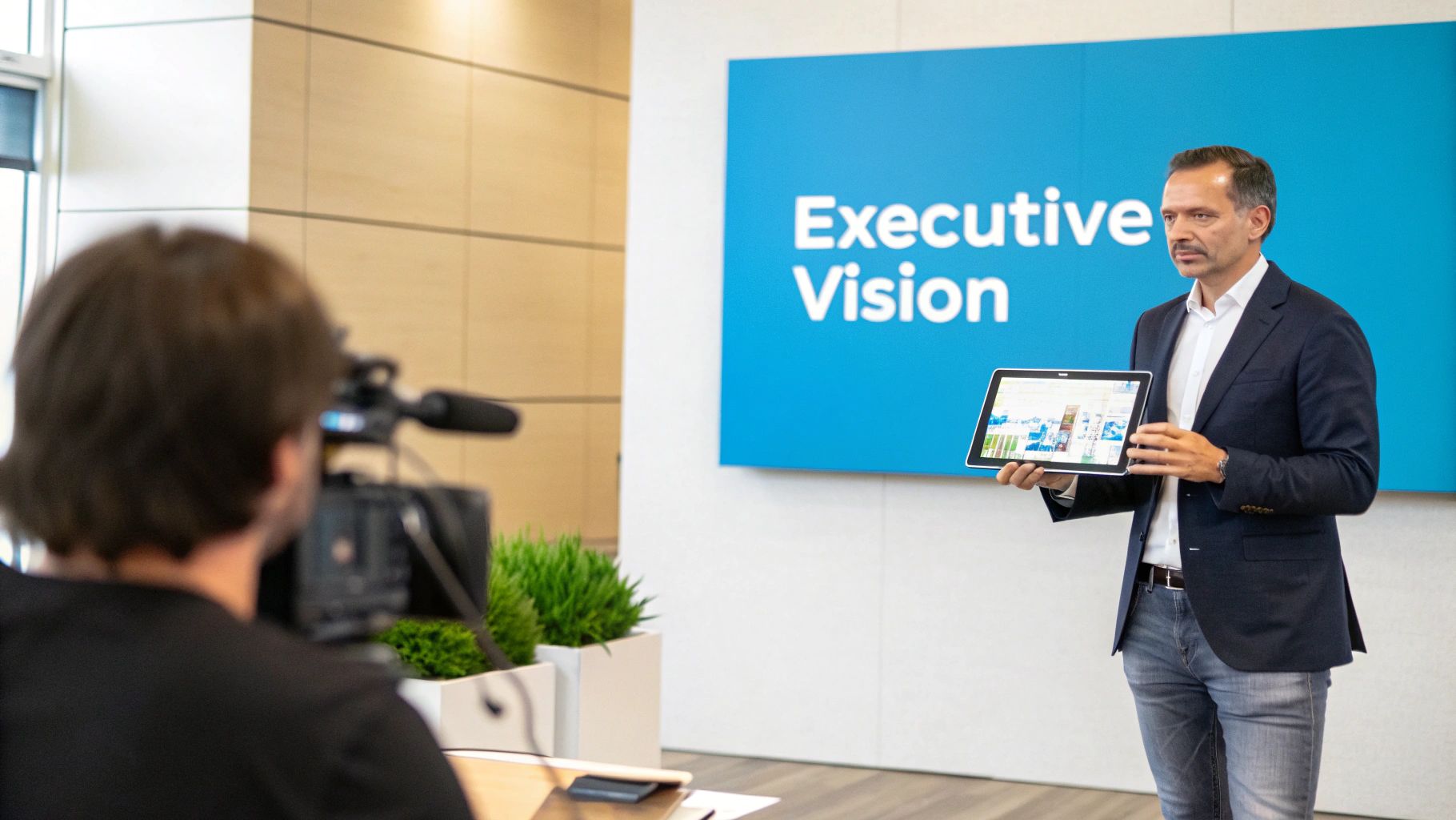 An executive presents data on a tablet in a modern office, being filmed by a camera.