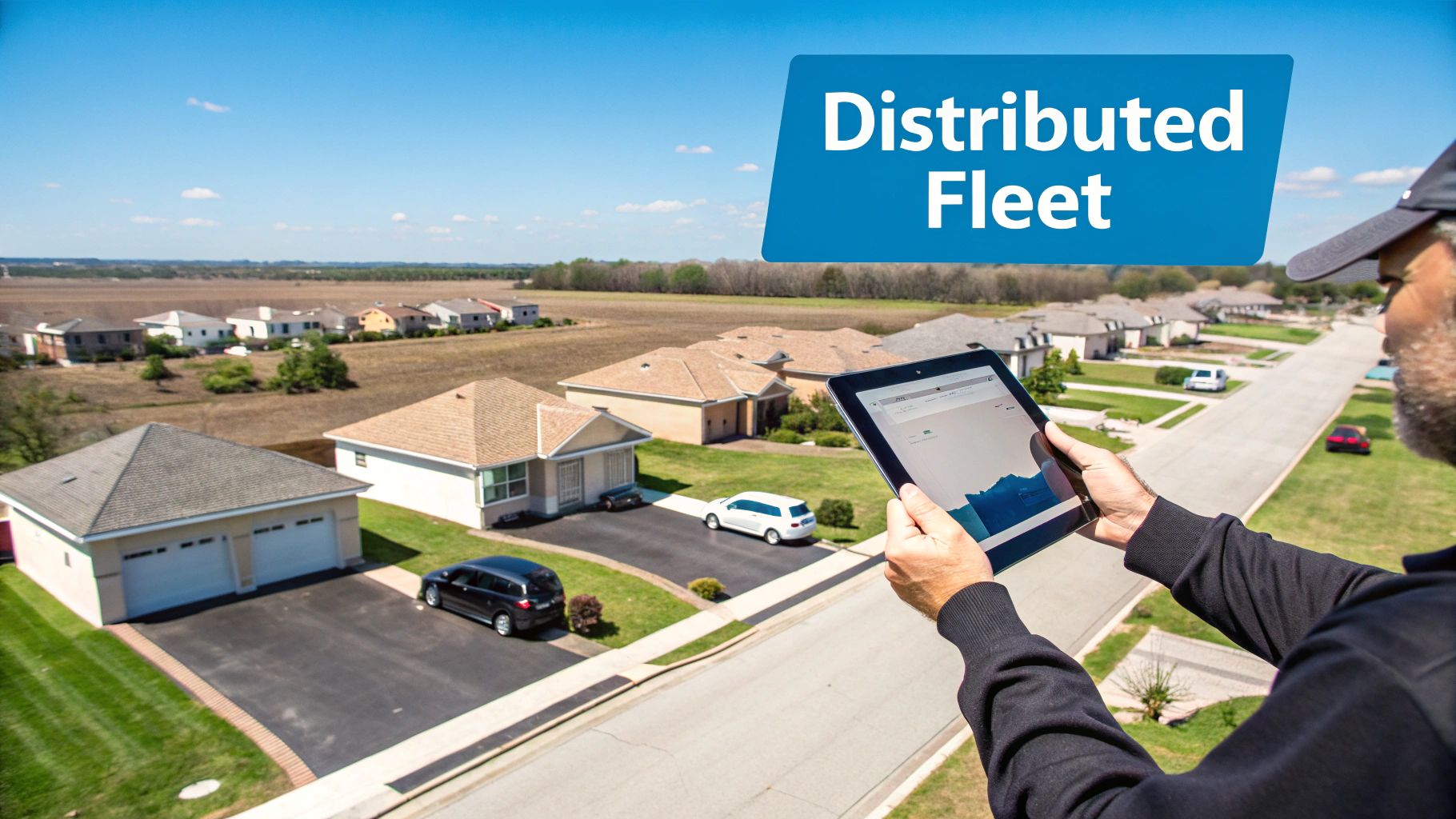 A person holds a tablet, viewing a residential neighborhood with single-family homes under a "Distributed Fleet" banner.