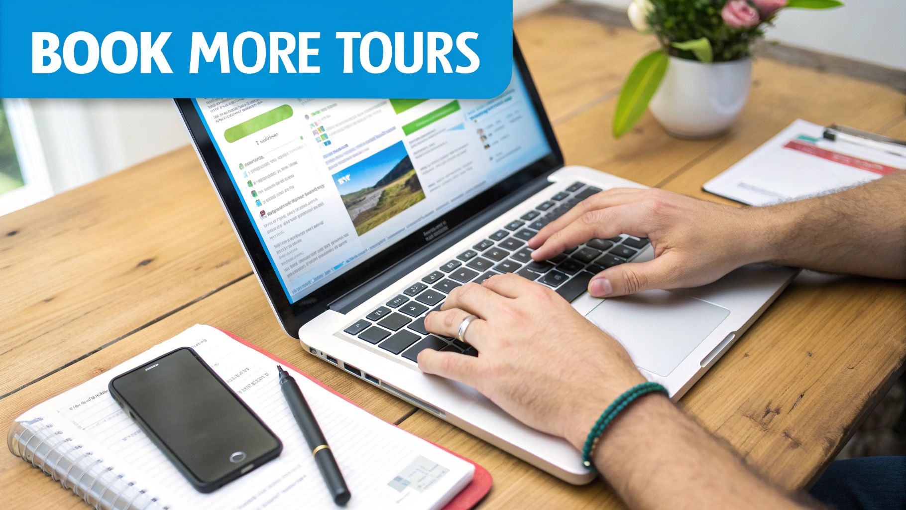 A person types on a laptop displaying a tour booking website, with a phone and notebook on a wooden desk.