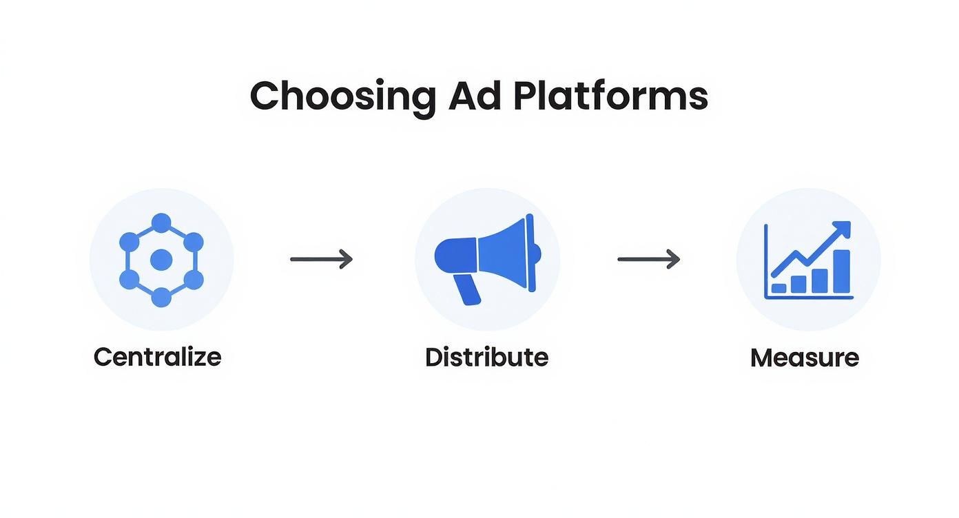 Diagram showing the three-step process for choosing ad platforms: centralize, distribute, measure.