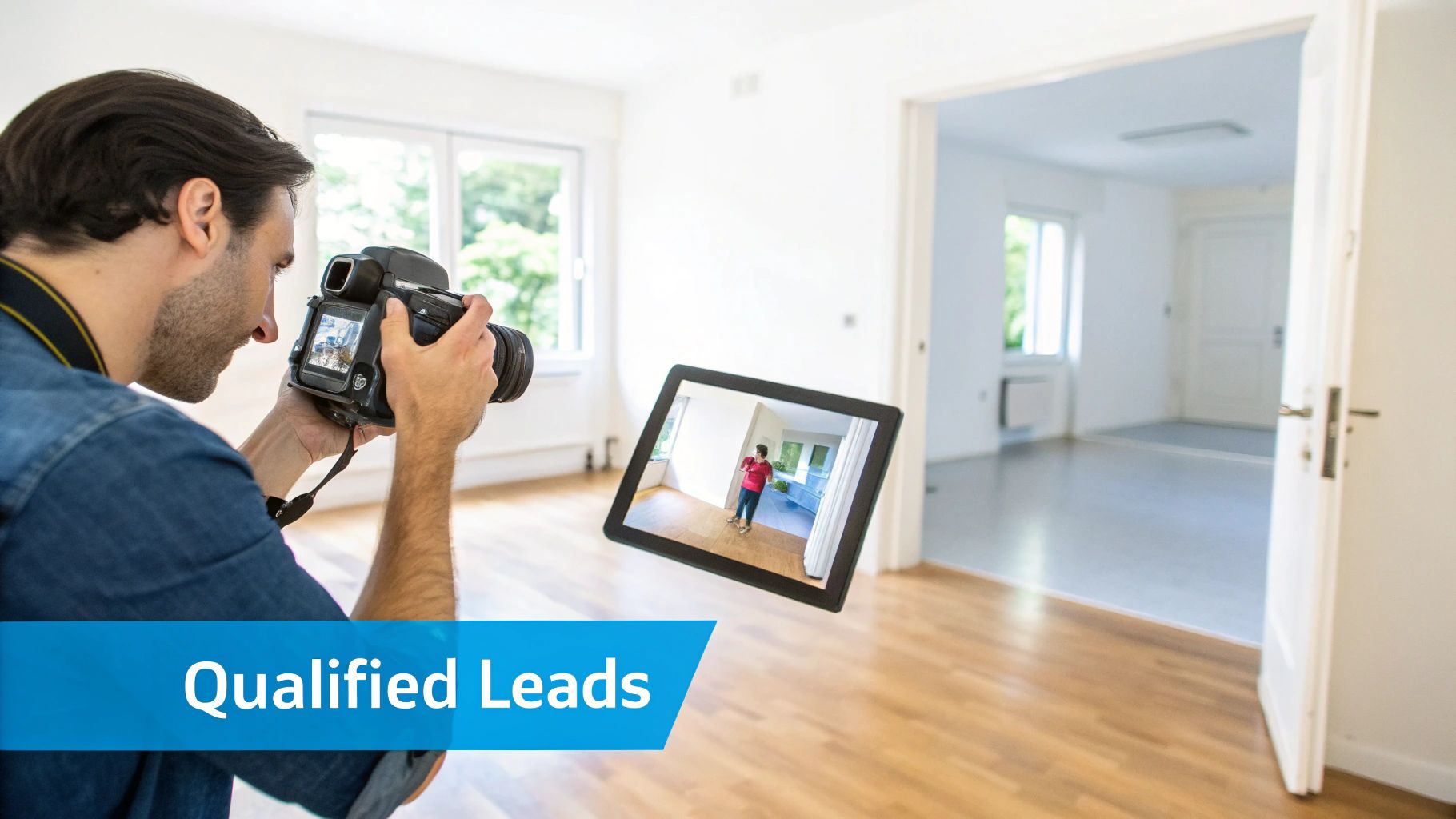 A photographer capturing an empty room with a DSLR camera, a tablet shows a virtual apartment tour.