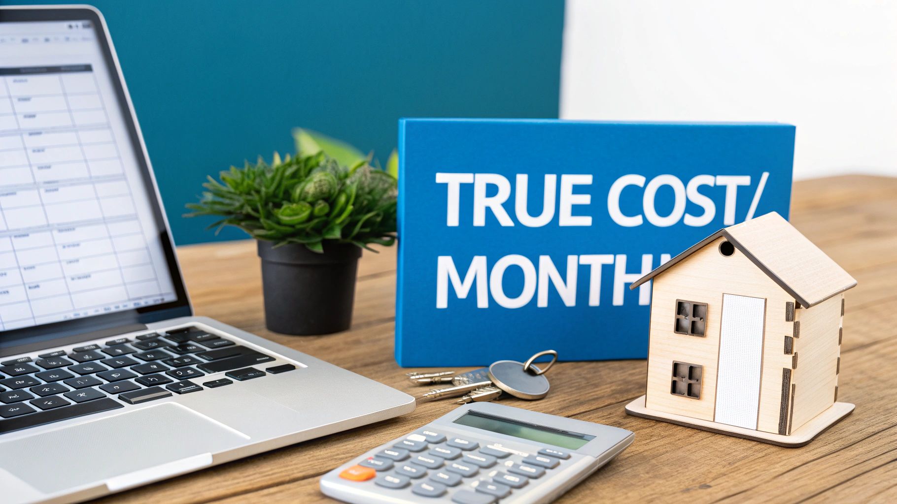 Desk with laptop, calculator, house model, and 'TRUE COST/MONTH' sign for property expenses.