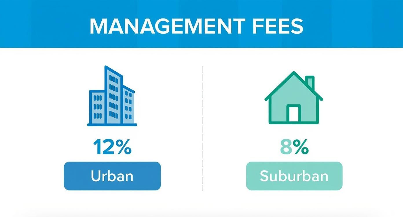 Infographic illustrating management fees: 12% for urban properties represented by buildings, and 8% for suburban homes.