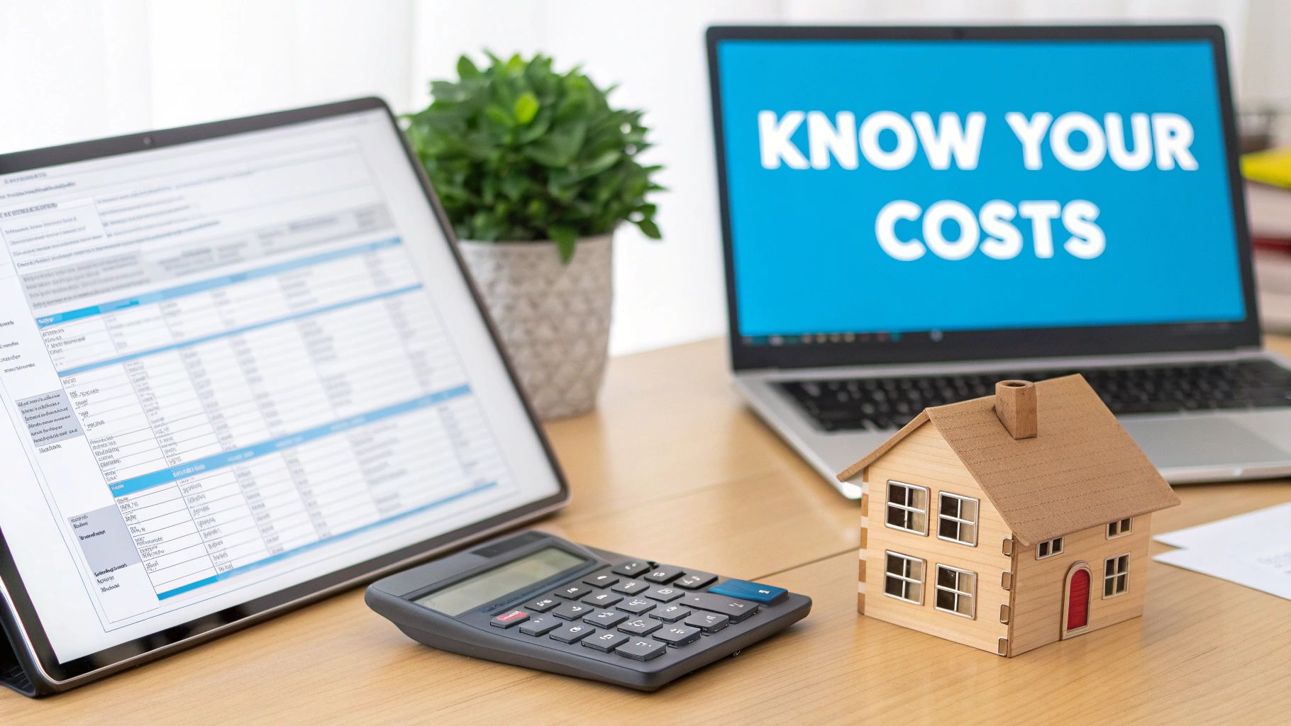 A desk with a laptop displaying 'KNOW YOUR COSTS', a tablet with a spreadsheet, a calculator, and a model house.
