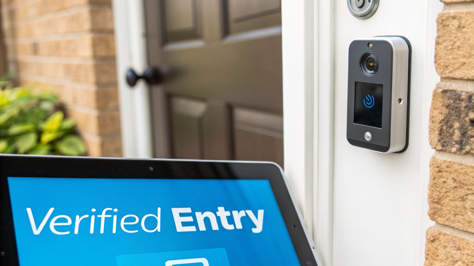 A smart doorbell and a tablet displaying 'Verified Entry' for secure home access.