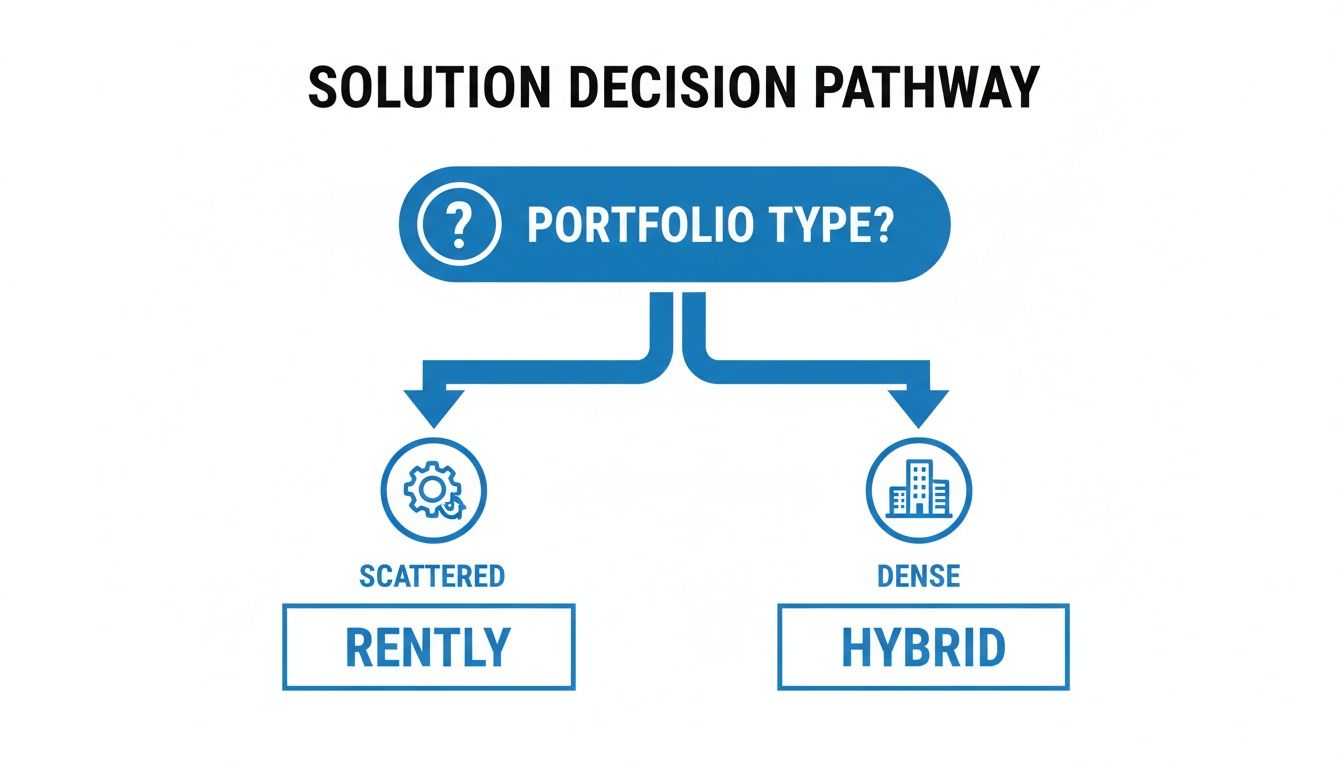 A solution decision pathway flowchart asking 'Portfolio Type?' leading to 'Scattered Rently' or 'Dense Hybrid'.