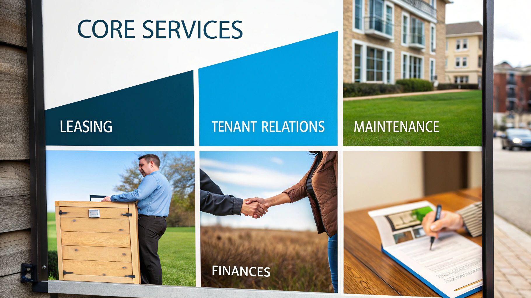 A sign advertises core services of a rental management company, including leasing, tenant relations, maintenance, and finances, with illustrative images.