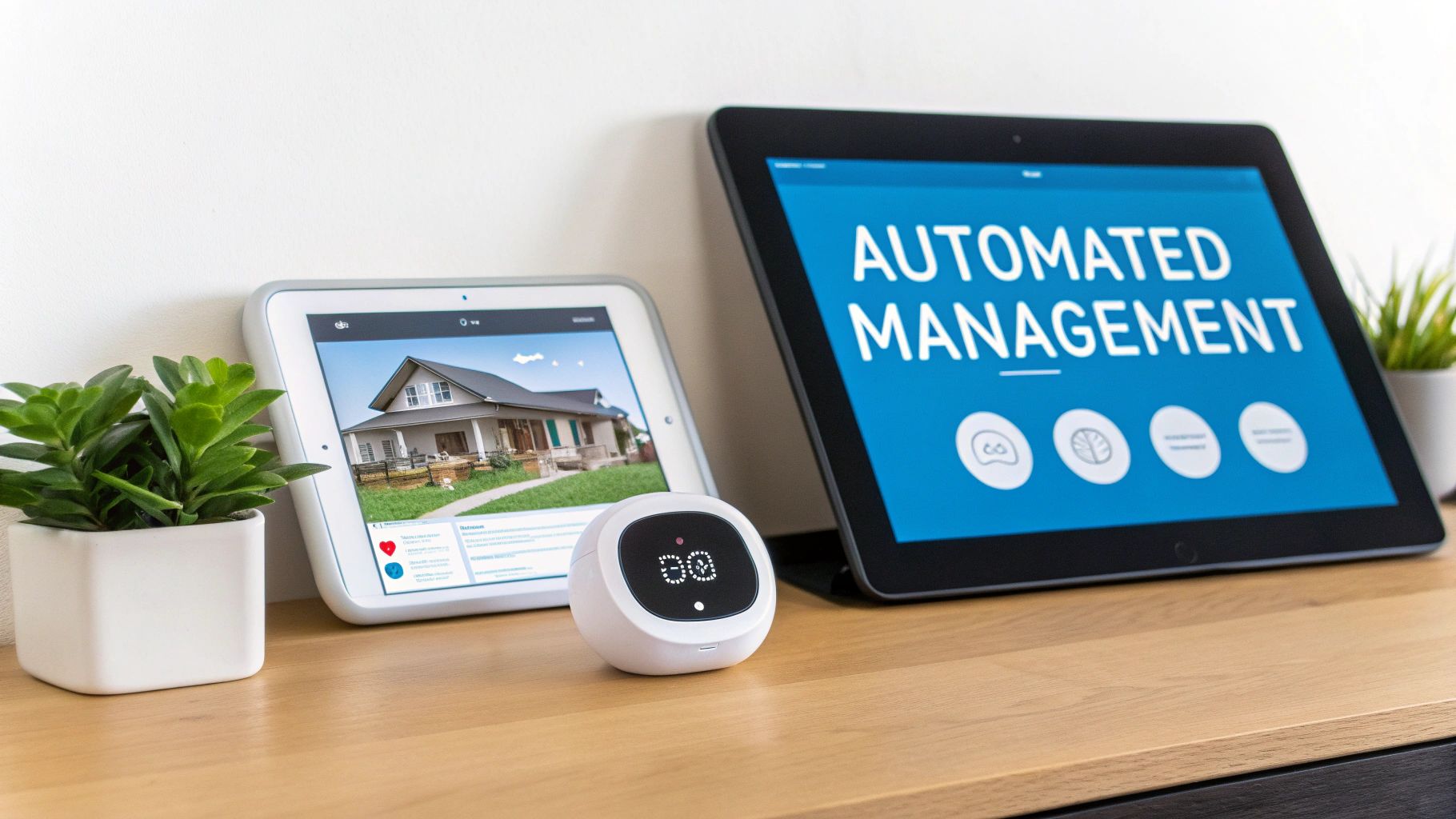 Smart home devices and tablets displaying automated management and a house image on a wooden desk.