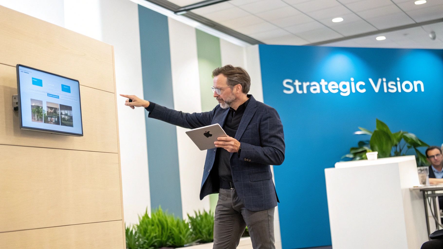 A man in glasses holds an iPad and points at a wall-mounted screen during a business presentation.
