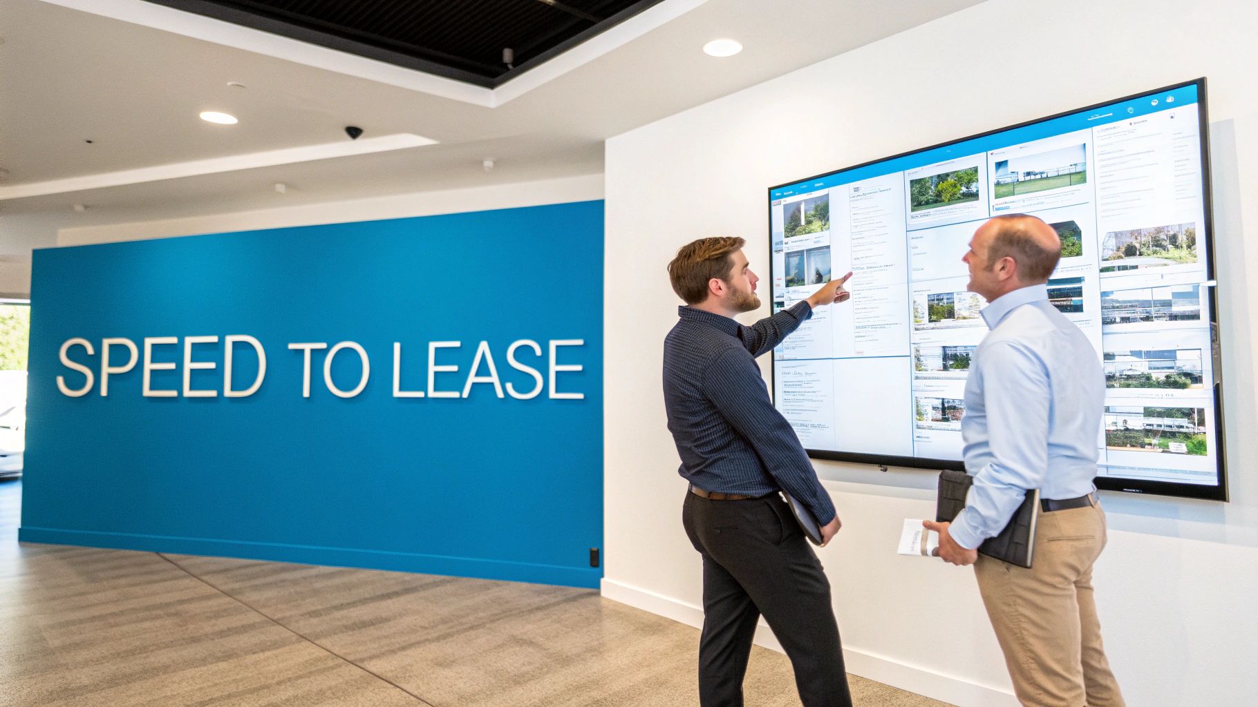 Two men reviewing rental property listings on a large digital screen in a modern office.