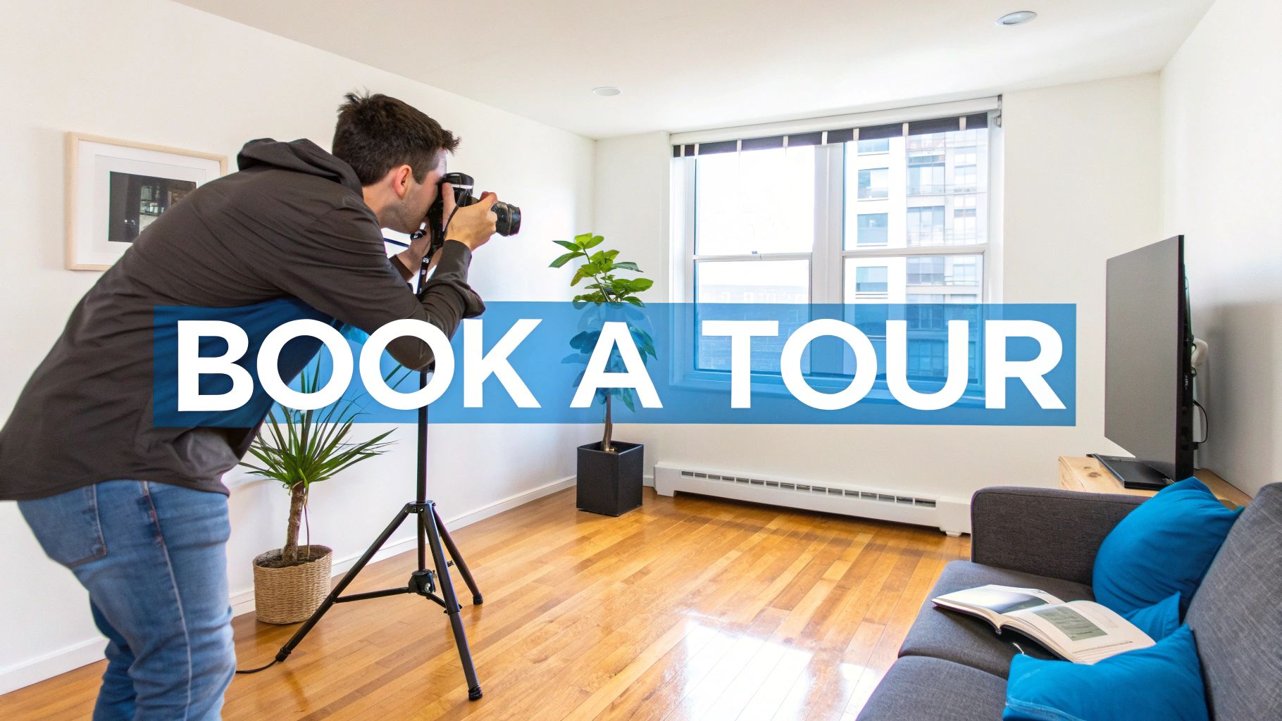 A professional photographer captures a modern living room for a rental listing, with 'BOOK A TOUR' overlay.
