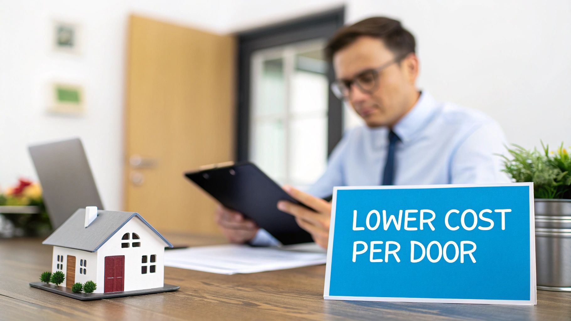 A man in glasses at a desk with a model house and a sign 'LOWER COST PER DOOR'.