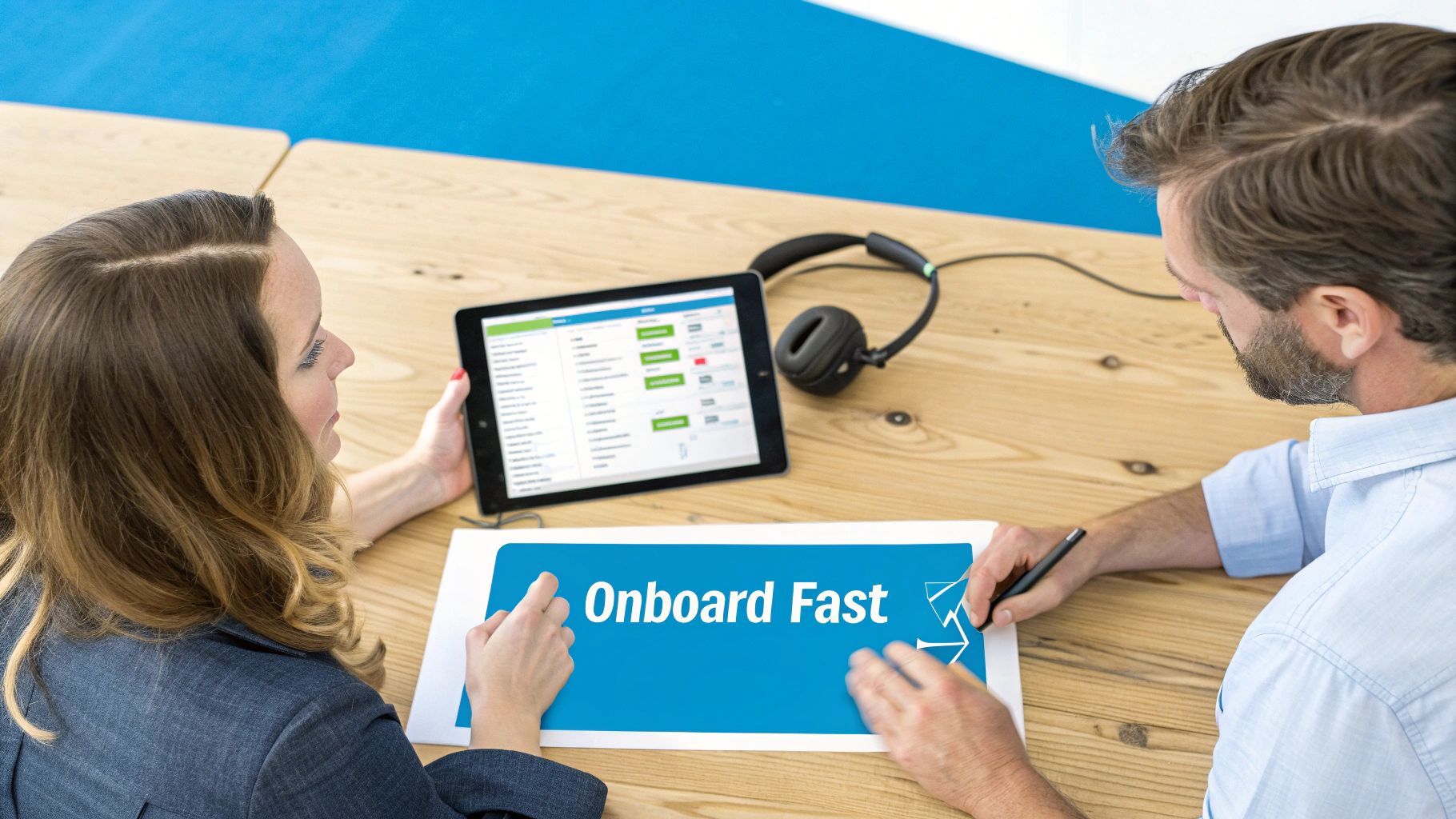 Two professionals collaborating at a table with a tablet and 'Onboard Fast' document, discussing business.