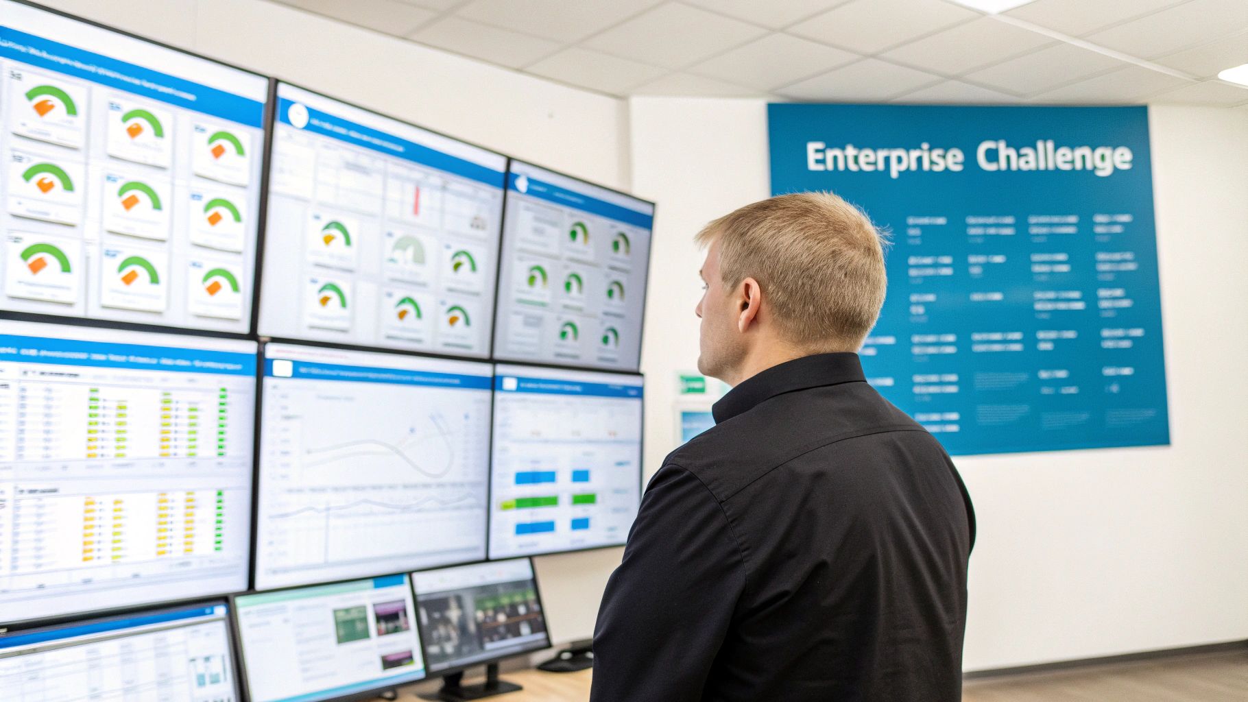 A man in a black shirt views a control room with multiple data screens and a large 'Enterprise Challenge' sign.