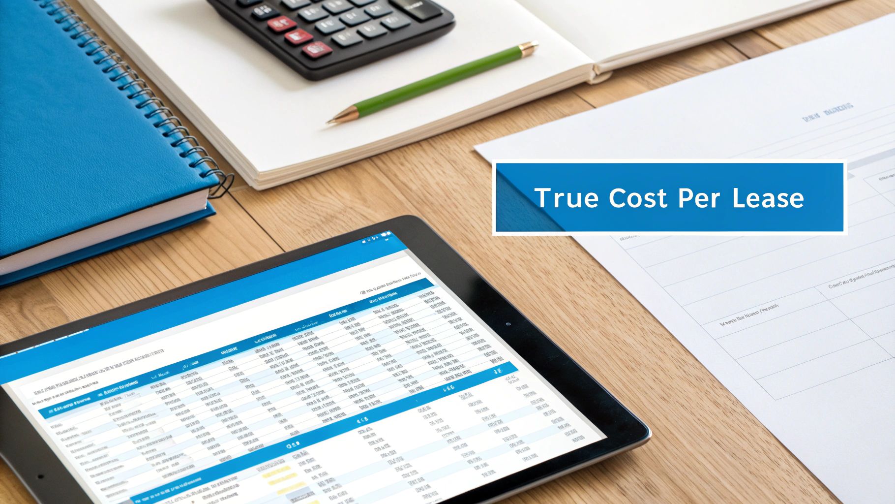 A desk with a tablet displaying a spreadsheet, a calculator, a notebook, and papers, with text "True Cost Per Lease".