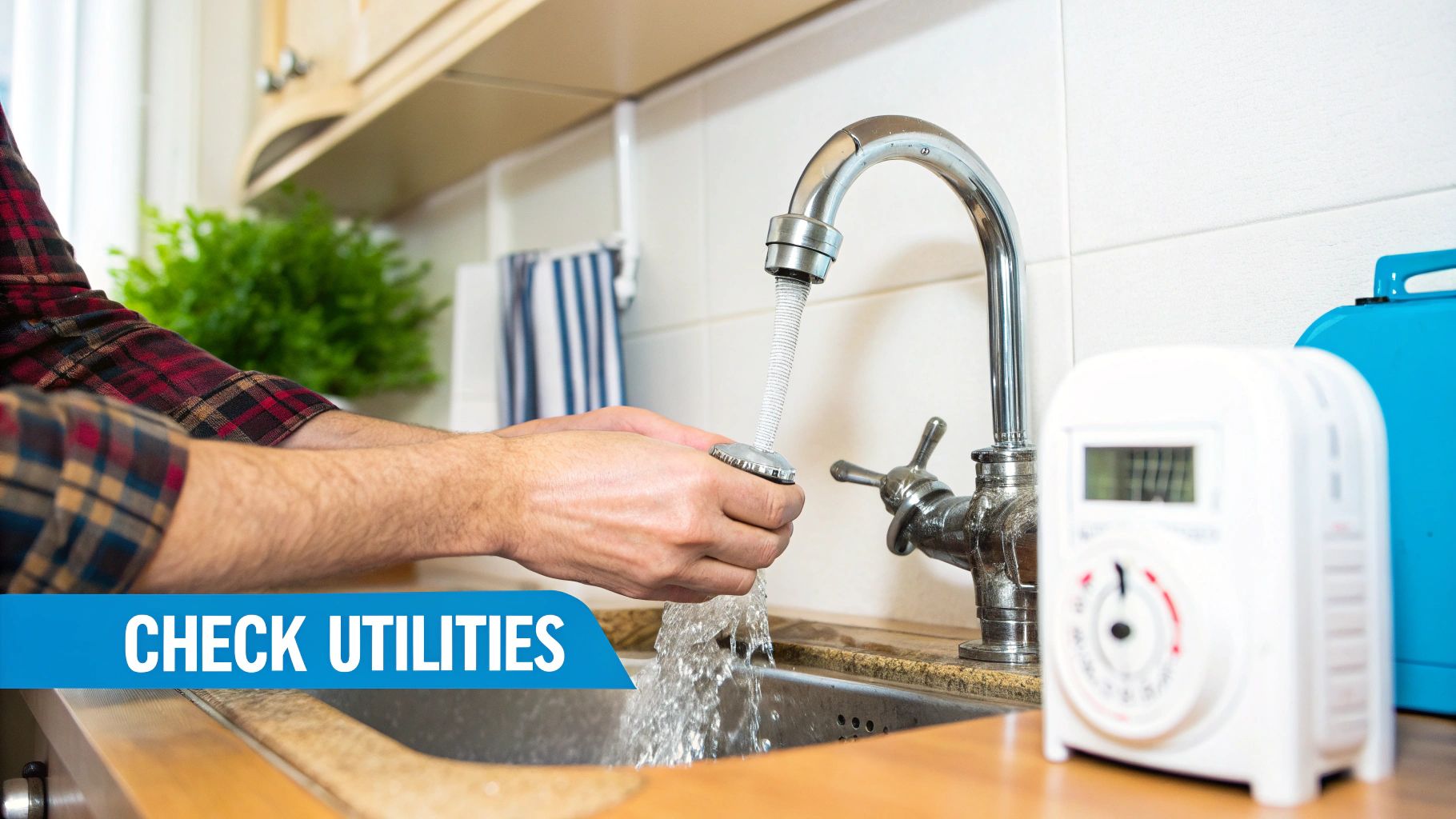 A person cleaning a kitchen faucet aerator under running water, suitable for utility checks.