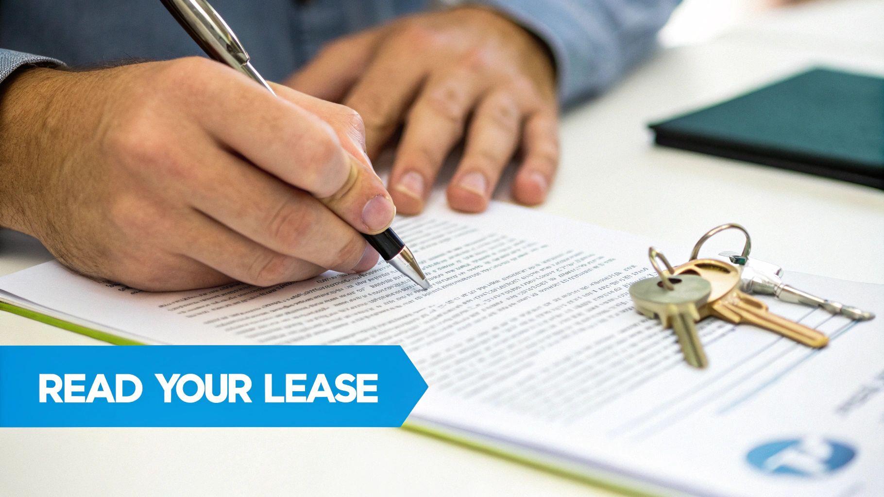 Hands signing a lease agreement with a pen, alongside keys and a 'Read Your Lease' reminder.
