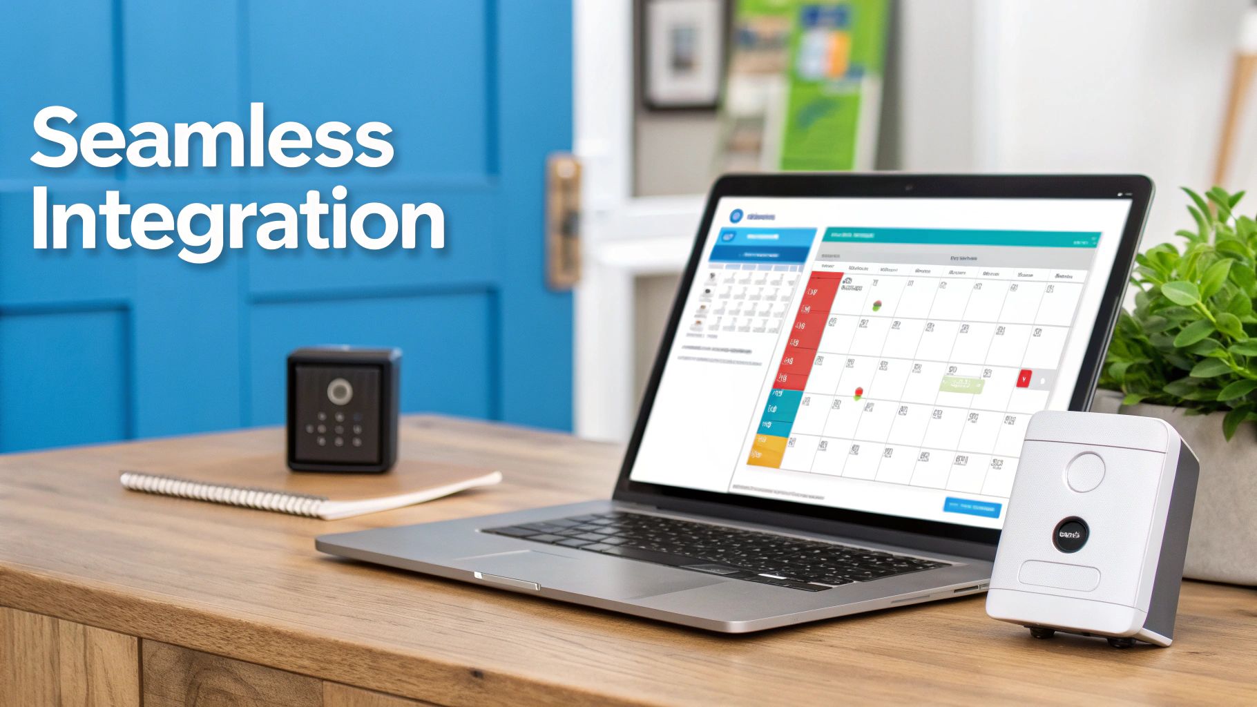 Smart lockbox and access devices integrated with a laptop management system on a wooden desk.