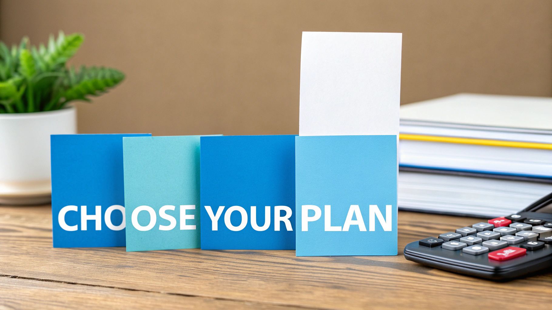 Blue and light blue cards spelling 'CHOOSE YOUR PLAN' on a wooden table with a calculator and books.