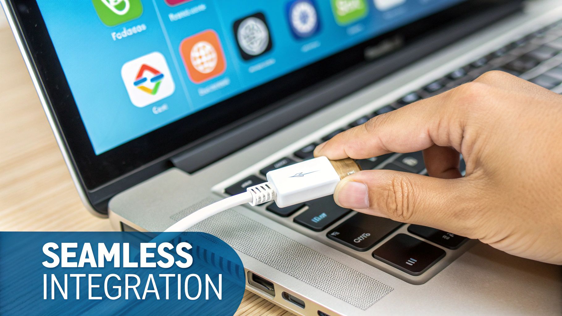 A hand connects a white display cable into a silver laptop, showing various app icons on the screen.