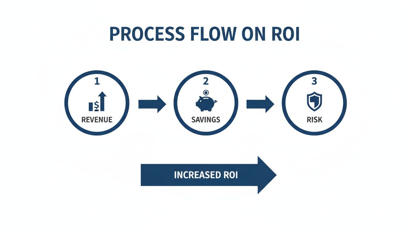 A process flow diagram illustrating steps to increased ROI: revenue, savings, and risk.
