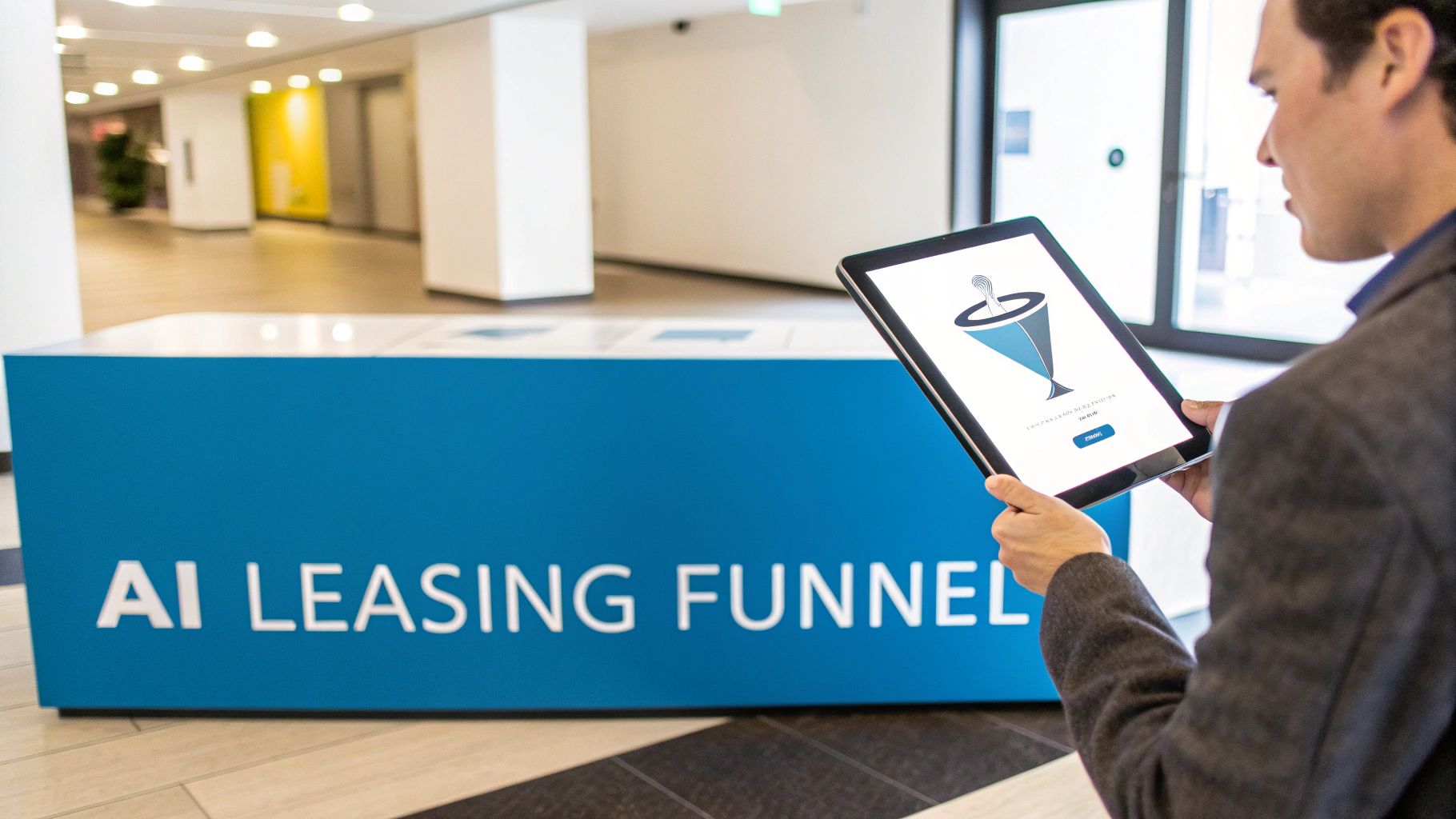 A man holds a tablet displaying a funnel icon, standing near a sign that reads 'AI LEASING FUNNEL'.