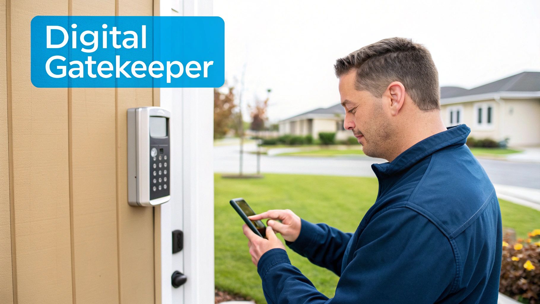 A man uses his smartphone to interact with a digital keypad for smart home access control.