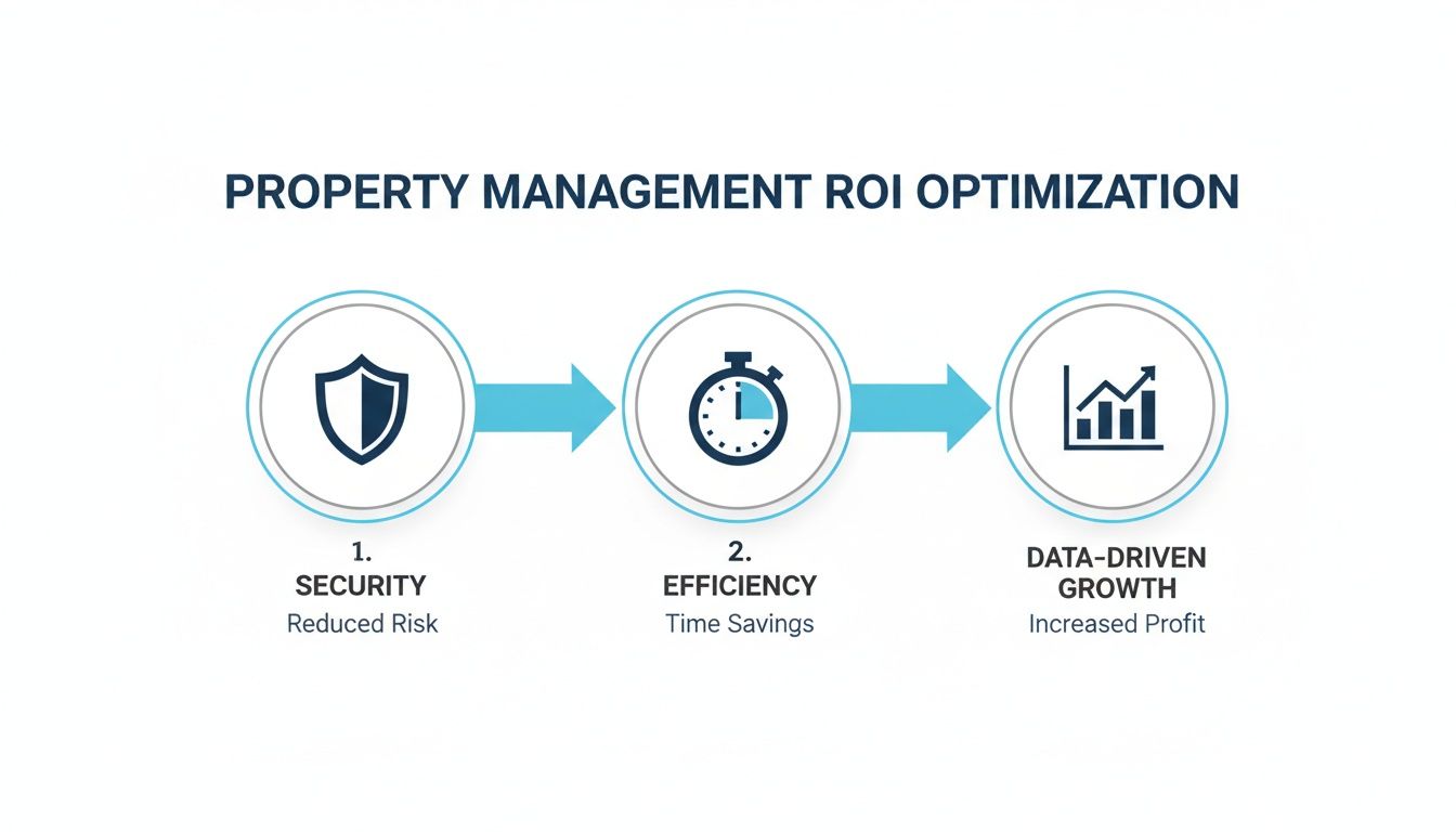 A diagram illustrating property management ROI optimization through security, efficiency, and data-driven growth.