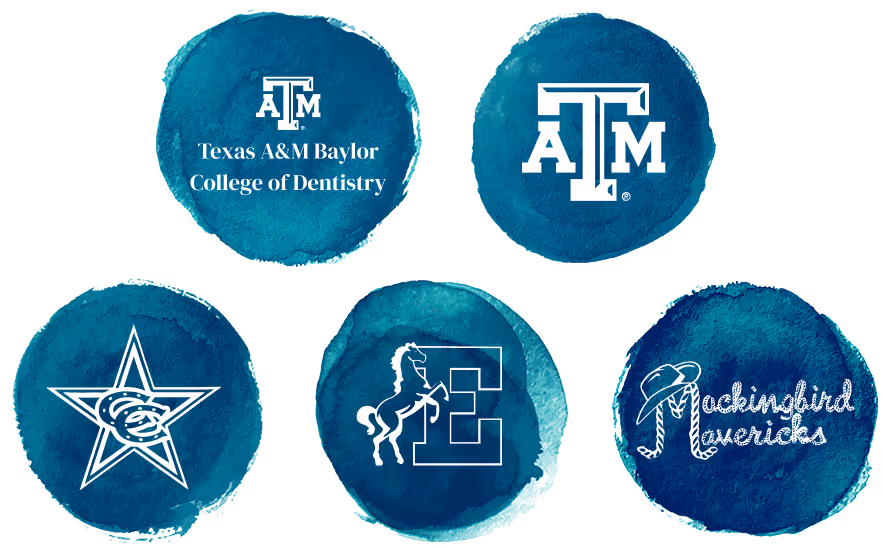 School logos representing Dr. Pruett's alma maters: Mockingbird, Coppell Middle School East, Coppell High School, Texas A&M University, and Texas A&M Baylor College of Dentistry.