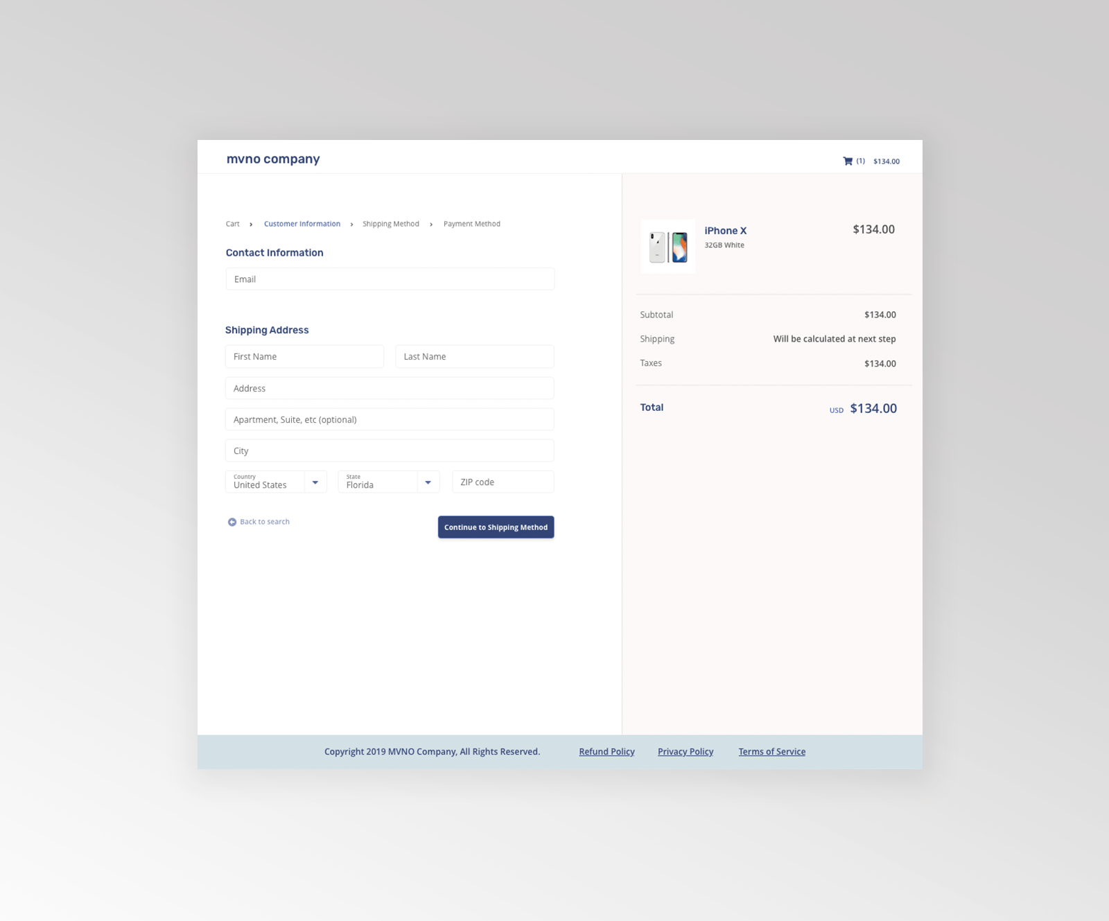 Checkout flow screen for customer information