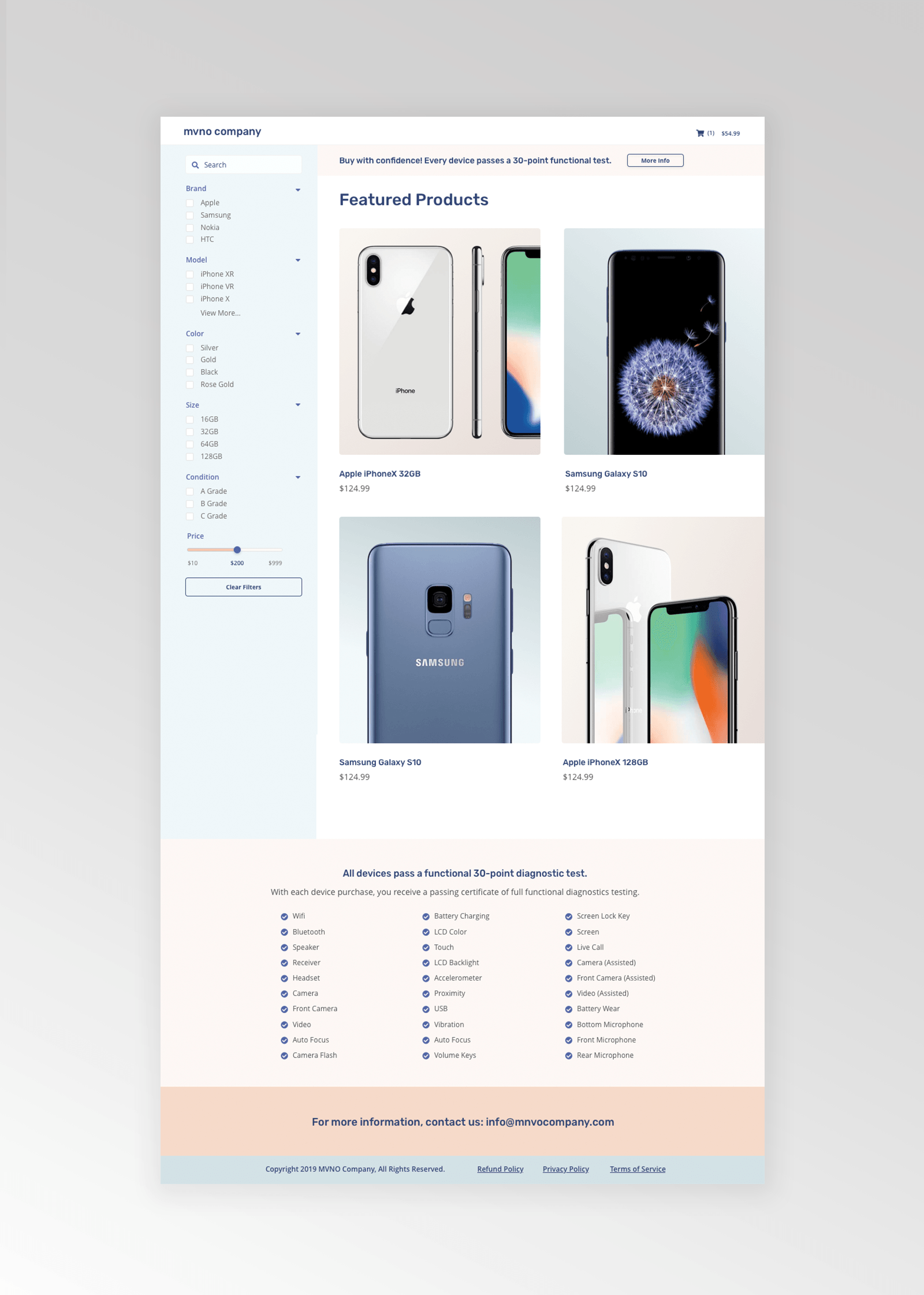Featured Products page including sort / filter and product guarantee