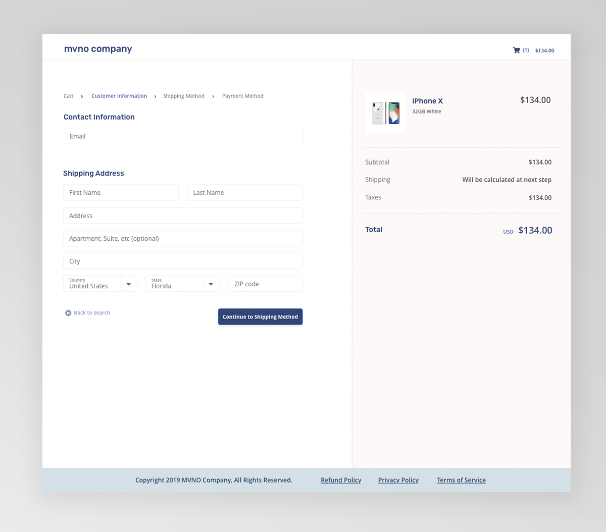 Checkout flow screen for customer information