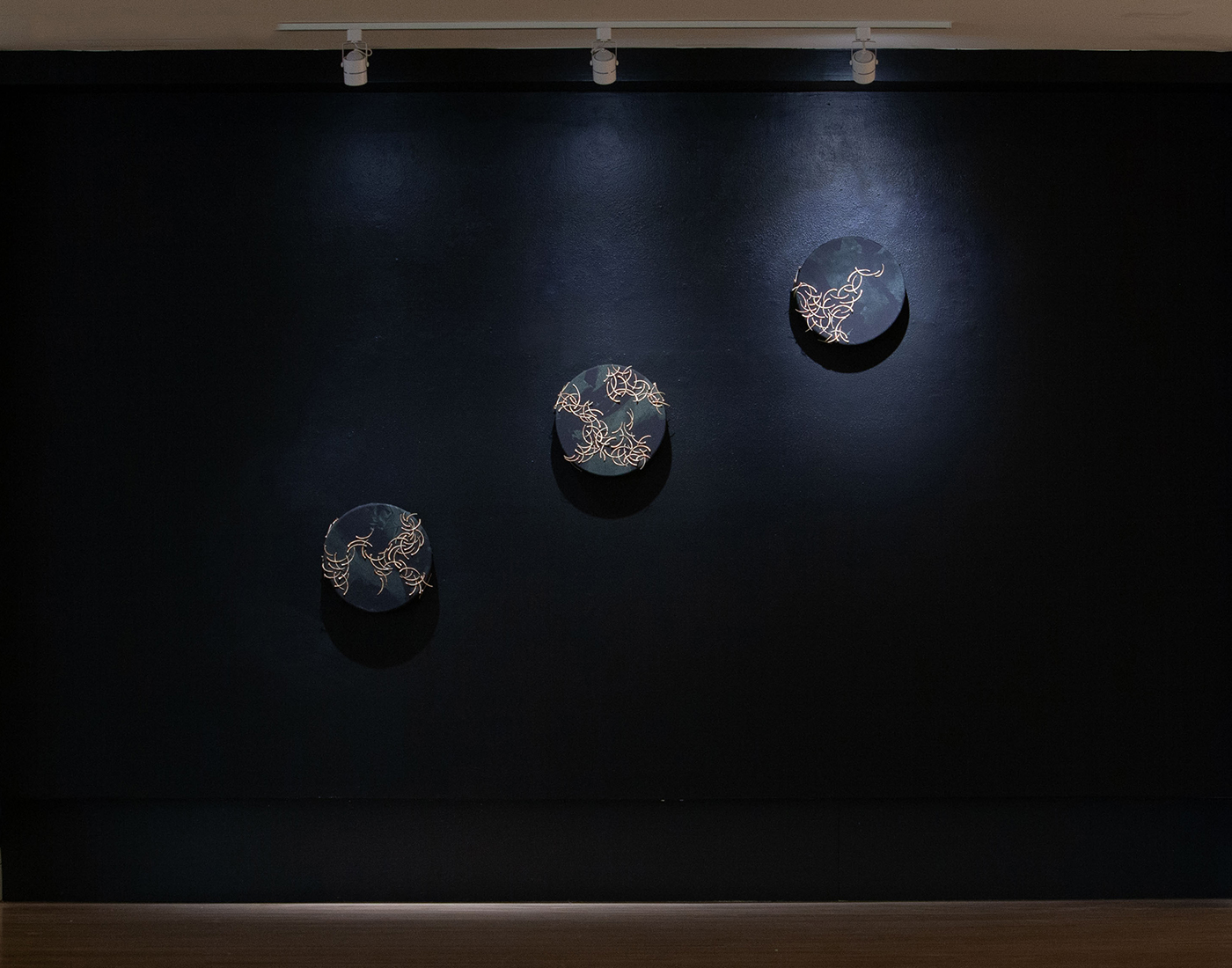 Circular forms with hand-printed black fabric stretched over forms, embroidered with python bones. On dark background.