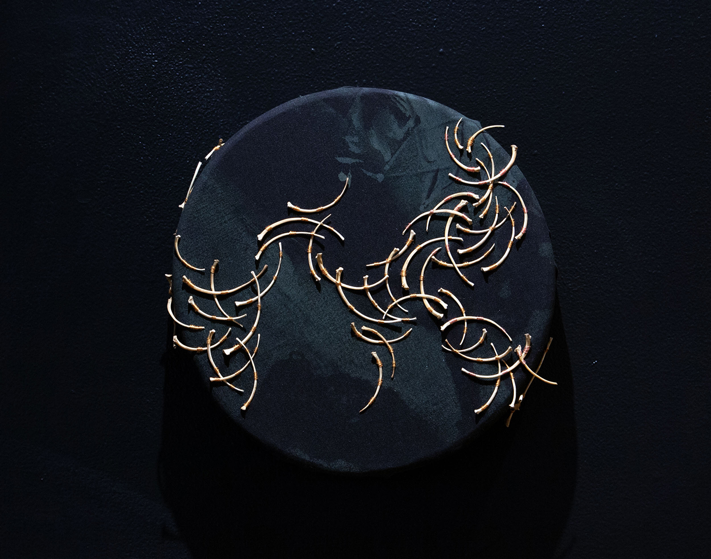 Circular forms with hand-printed black fabric stretched over forms, embroidered with python bones. On dark background.