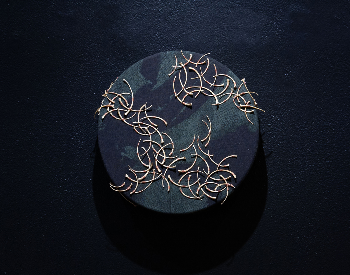 Circular forms with hand-printed black fabric stretched over forms, embroidered with python bones. On dark background.