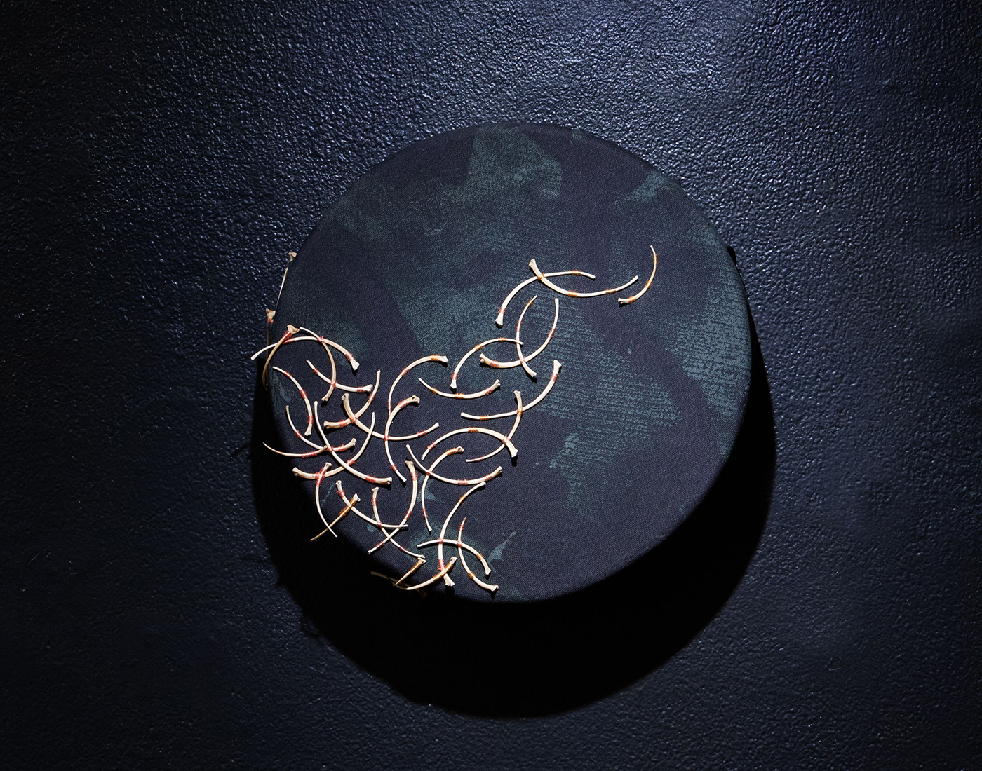 Circular forms with hand-printed black fabric stretched over forms, embroidered with python bones. On dark background.