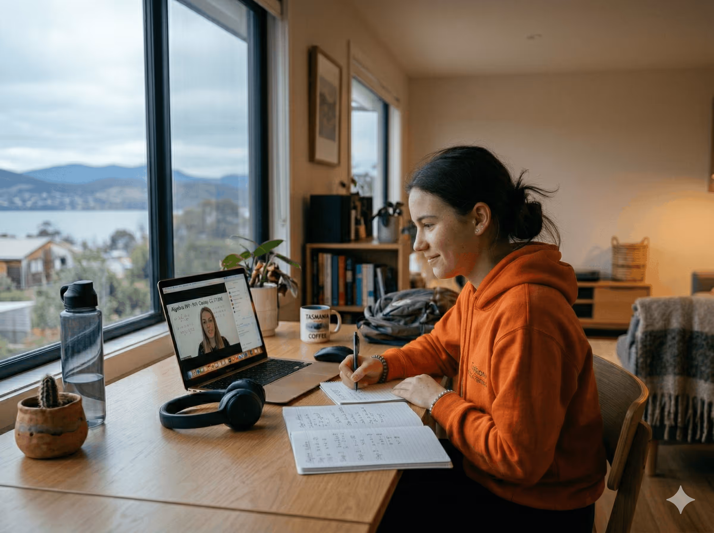 A student sitting at a desk, studying and smiling while using a laptop.